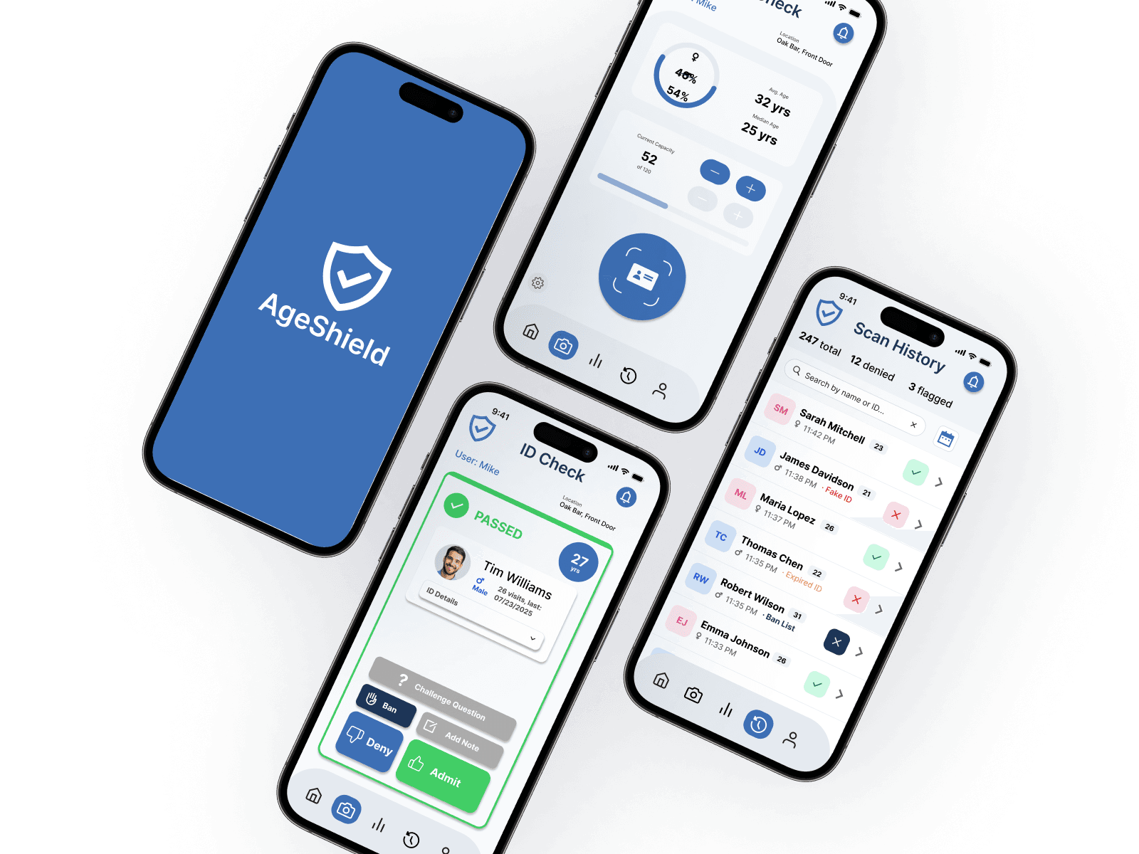 AgeShield app interface showing multiple screens including verification, scanning, and analytics