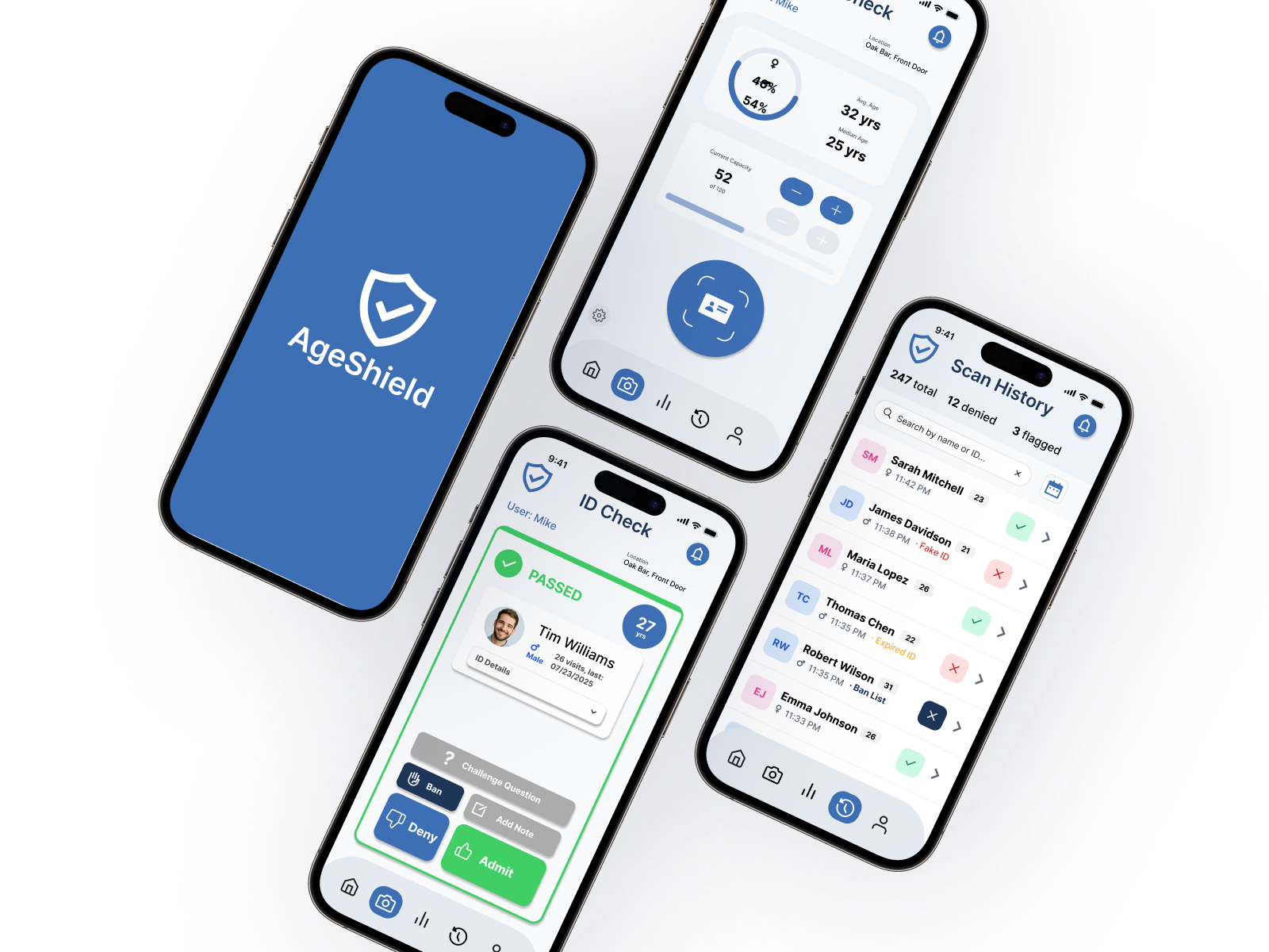 AgeShield app interface showing multiple screens including verification, scanning, and analytics